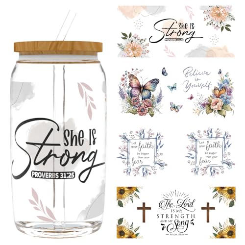 4 PCS Bible Quotes UV DTF Cup Wrap Stickers for 16oz Libbey Cups | Vibrant Colors; Strong Adhesion; Hand Washable & Scratch Resistant; Easy to Use Cold Transfer stickers; Fits Smooth Surfaces
