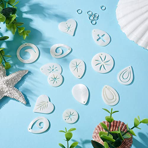 Craftdady 22pcs Natural Freshwater Shell Pendants Teardrop Heart Ring Shape Charms Flat Round Mixed Beach Ocean Seashell Beads Charms with Open Jump Rings for Jewelry Crafts Making - color: Seashell Color