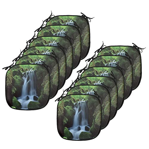 Lunarable Waterfall Chair Cushion Pads Set 12, Flowing Water from Mountains and Stream with Moss Covered Stones Picture, Anti-Slip Seat Padding for Kitchen & Patio, 16"x16", Dark Green White
