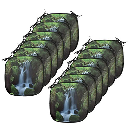 Lunarable Waterfall Chair Cushion Pads Set 12, Flowing Water from Mountains and Stream with Moss Covered Stones Picture, Anti-Slip Seat Padding for Kitchen & Patio, 16"x16", Dark Green White