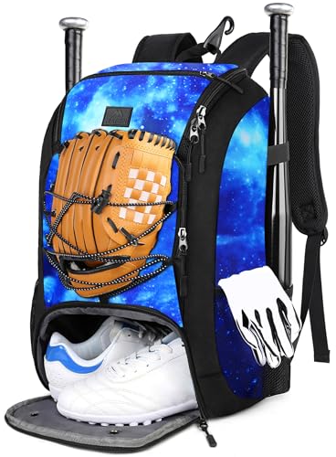 MATEIN Youth Baseball Backpack, Softball Bat Bag with Shoes Compartment | Lightweight Baseball Bag for Boys and Adult, Fence Hook Hold TBall Bat, Batting Mitten, Helmet, Caps, Teeball Gear Equipment - color: Galaxy Blue, size: 29L