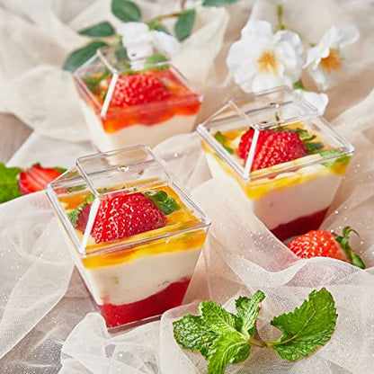 50 Pack 3.5 oz Mini Dessert Cups with Lids and Spoons - Parfait Cups with Lids Plastic Square Shooter Cups for Party Appetizers Pudding Mousse Triffle