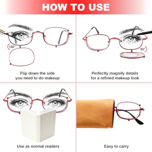 Makeup Reading Glasses for Women Metal Frame Flip Down Magnifying Cosmetic Readers Blue Light Blocking - color: Red