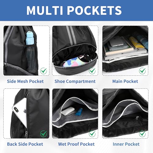 JELUTAR Drawstring Backpack Gym Bag with Shoes Compartment, Black - color: Black, size: Large