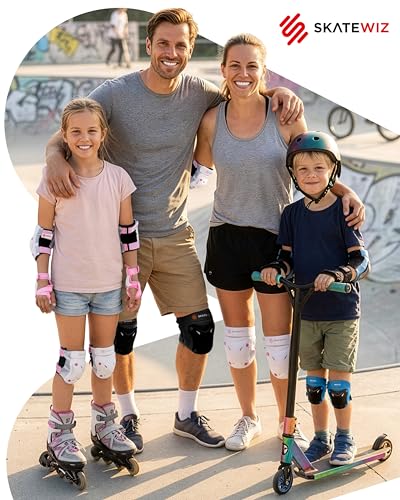 SKATEWIZ Kids and Adult Knee Pads and Elbow Pads Set 6pcs - incl. Carry Bag - color: Pink-White, size: L - Teens and Adults
