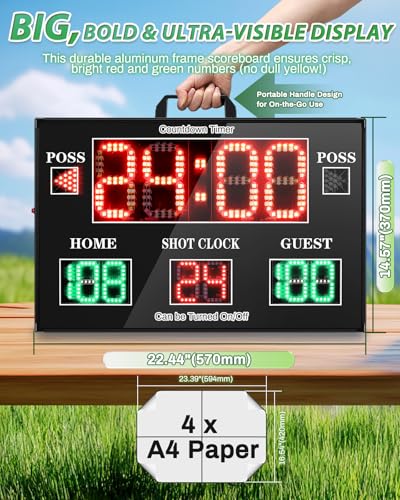 Large Electronic Scoreboard with Wireless LCD RF Controller - 22.4x14.6 Big LED Display, 100Ft Visibility, Dual Power Options, Flexible Timing Control for Indoor/Outdoor Sports Games