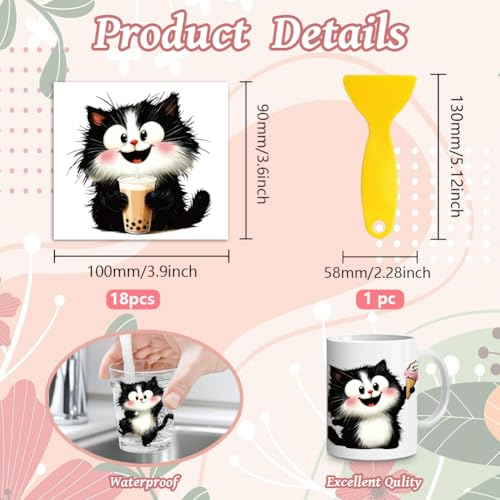 Peacoblue 18 Sheets Rub on Transfers for Crafts, Cute Black and White Cat 3.6"x3.9" UV DTF Cup Wraps Waterproof Rub on Cold Transfers Stickers for Wood Glass Metal Cup Tumblers Mirrors Mugs Decor - style: Cute Black and White Cat