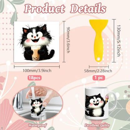 Peacoblue 18 Sheets Rub on Transfers for Crafts, Cute Black and White Cat 3.6"x3.9" UV DTF Cup Wraps Waterproof Rub on Cold Transfers Stickers for Wood Glass Metal Cup Tumblers Mirrors Mugs Decor - style: Cute Black and White Cat