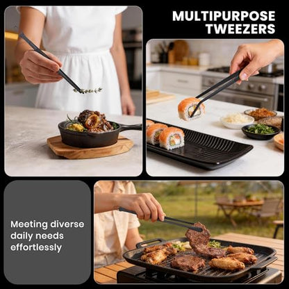 3 Pcs Cooking Tweezers Set, 8" 12" Food Grade 304 Stainless Steel Kitchen Tweezers with Straight & Angled Serrated Tips, Fingerprint-Proof Precision Tongs for BBQ, Plating, Aquascaping