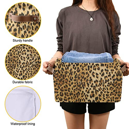 Leopard Print Storage Bin Animal Canvas Toys Storage Basket Bin Large Storage Cube Box Collapsible with Handles for Home Office Bedroom Closet Shelves，1 pc