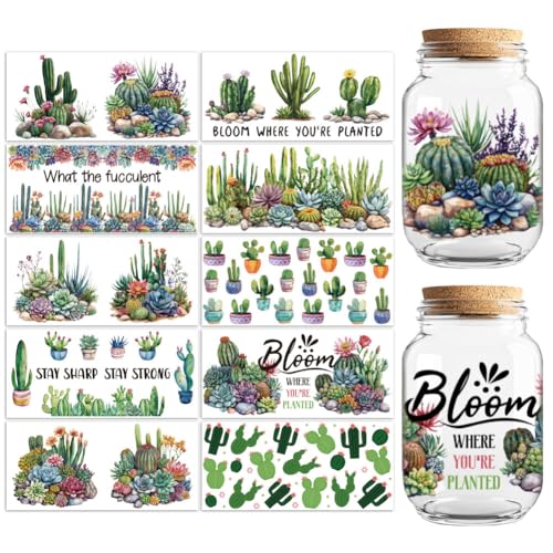 UV DTF Cup Wraps Transfer Stickers Cactus Pattern, 10 Sheets Waterproof Custom Vinyl Transfer Sticker 16oz Coffee Glass Cup Tumbler Bottle Mug Decals for Men Women - style: Cactus