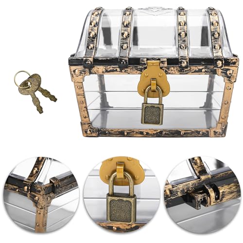 Treasure Chest Box, Small Pirate Treasure Case with Lock and Key, Transparent Jewelry Storage Container Display Toy Candy Seashell Gemstone Crystal Keepsake Gift, Retro Nautical Home Decor 5''x4.5''