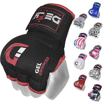 DEFY Padded Inner Gloves Quick 75cm Long Strap – Inner Boxing Gloves Gel Padded Knuckle Protection – Elasticated Boxing Hand Wraps for MMA Muay Thai Kickboxing Martial Arts Pair - color: Black, size: X-Large