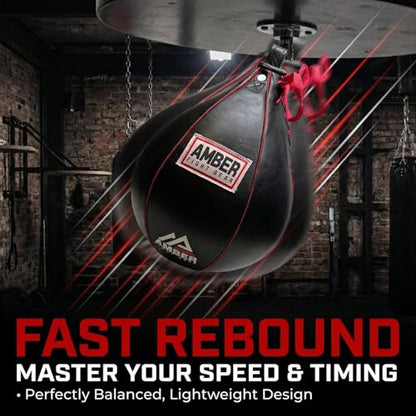 Amber Fight Gear Leather Boxing Punching Speed Bag | Genuine leather shell, welted triple-stitched seams, latex inner bladder, black finish, 4 size options from XS to Large - size: Small (6"x9")