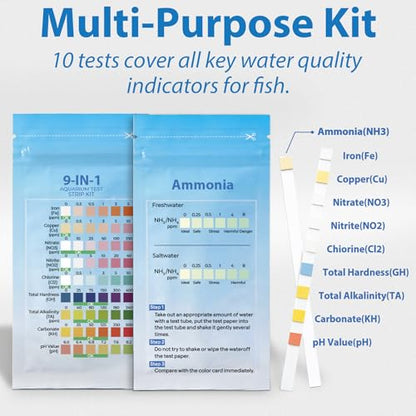 10-in-1 Ammonia Test Kit Aquarium (100 Strips): 50 Multi-Test + 50 Ammonia | Aquarium Test Strips for Freshwater & Saltwater. for Fish Tanks, Aquariums & Pond Water Test kit. Test Nitrate, pH & More - size: 10-1 100 Strips