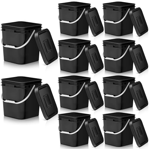 10 Pcs 3.5 Gallon Square Food Grade Bucket with Lid Plastic Buckets Pail with Handle Lid Heavy Duty Buckets for Storing Dry Food Charcoal Camping Fishing(Black) - color: Black, style: Square