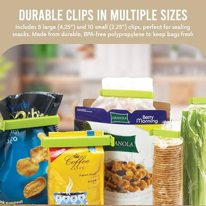 LINDEN SWEDEN Twixit! Bag Clips - Set of 15 - Keep Food Fresh, Prevent Spillage - Great for Storage and Organization - Microwave, Freezer and Dishwasher-Safe - BPA-Free - size: 5 Large 10 Small