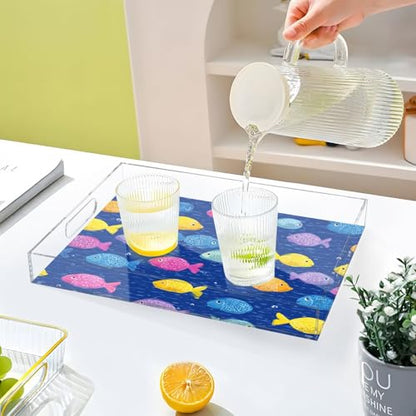 Acrylic Tray Clear Serving Vanity Ottoman Bathroom Coffee Table Countertop Organizer Raised Edge Spill Proof Dark Blue Cartoon Fishes - color: Dark Blue Cartoon Fishes