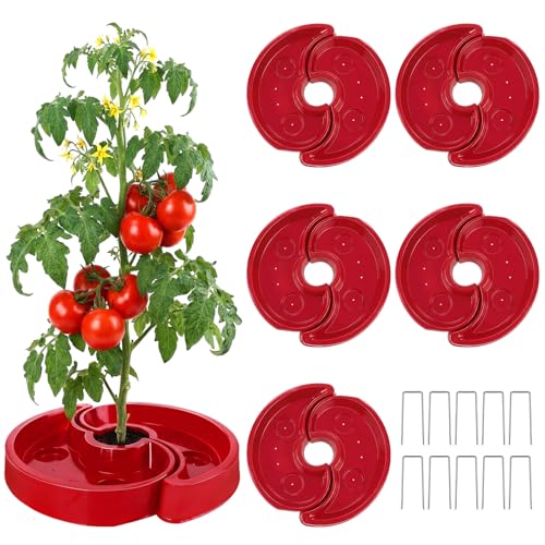 5 Sets Tomato Watering Trays, Surrounding Red Tomato Automator Tray, Root Irrigation Trays for Vegetables, Reduce Runoff, Weed Control, Boost Growth for Tomatoes, Peppers & Garden Veggies
