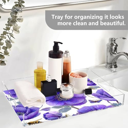 Acrylic Tray Clear Serving Vanity Ottoman Bathroom Coffee Table Countertop Organizer Raised Edge Spill Proof Purple Anemone Bees - color: Purple Anemone Bees