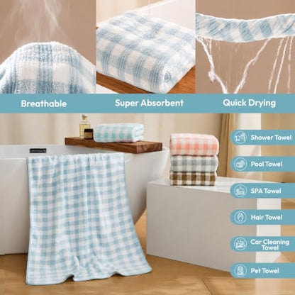 JML Bath Towels, 2 Pack, 30x60 in, Microfiber, Cationic Plaid Blue - color: Cationic Plaid Blue, size: 30 in x 60 in