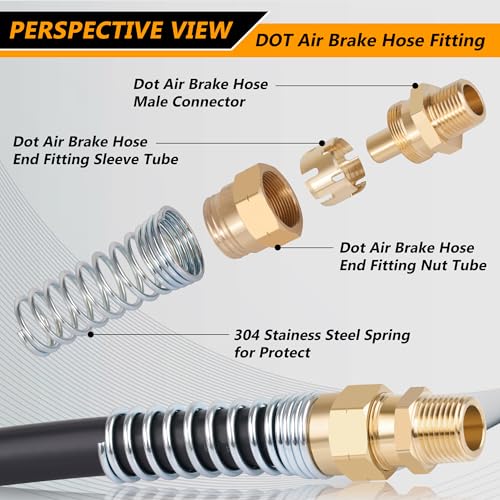 Brass DOT Air Brake Hose End Fitting, Dazakoot 3/8” Hose x 1/2” Male Connector with Spring Guard, Air Brake Connector for Semi Truck - 8 Pack End Fitting & 8 Pack Sleeve Tube - size: 3/8" Hose X 1/2" Male, style: 16PCS KIT