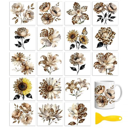 Peacoblue 18 Sheets Rub on Transfers for Crafts, Leopard Print Flower 3.6"x3.9" UV DTF Cup Wraps Waterproof Rub on Cold Transfers Stickers for Wood Glass Metal Cup Tumblers Mirrors Mugs Home Decor - style: Leopard Print Flower