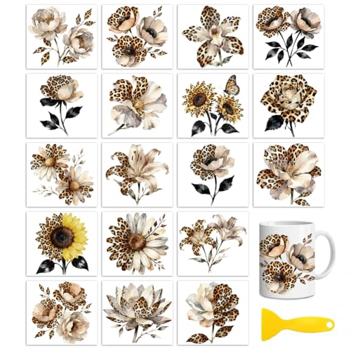 Peacoblue 18 Sheets Rub on Transfers for Crafts, Leopard Print Flower 3.6"x3.9" UV DTF Cup Wraps Waterproof Rub on Cold Transfers Stickers for Wood Glass Metal Cup Tumblers Mirrors Mugs Home Decor - style: Leopard Print Flower