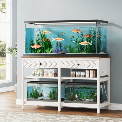 40-50 Gallon Aquarium Stand, Fish Tank Stand with Power Outlets and Drawers, Heavy Duty Metal Reptile Tank Stand for Turtle, 911LBS Capacity, White and Brown (No Aquarium) - color: White and Brown