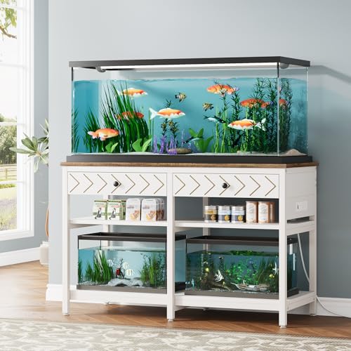 40-50 Gallon Aquarium Stand, Fish Tank Stand with Power Outlets and Drawers, Heavy Duty Metal Reptile Tank Stand for Turtle, 911LBS Capacity, White and Brown (No Aquarium) - color: White and Brown