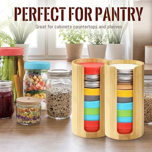Mason Jar Lid Organizer 2 Pack Bamboo Lid Storage Holder for Regular and Wide Mouth Canning Lids Stackable Kitchen Pantry Organizer