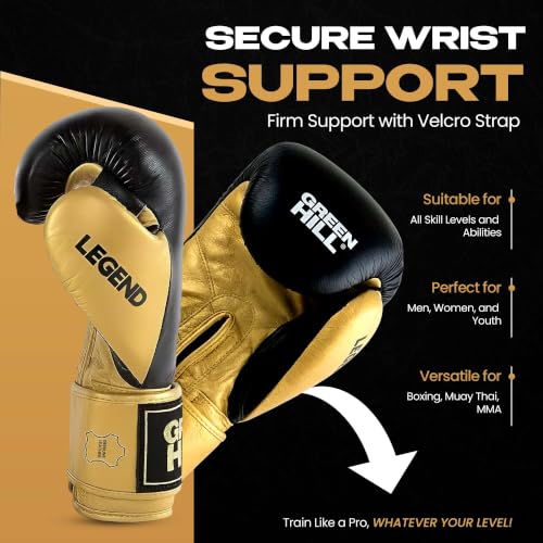 Green Hill Legend Leather Boxing Gloves for Men & Women - color: Black/Golden, size: 16 Oz