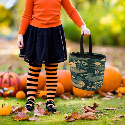 Halloween Trick Or Treat Bags With Handles Collapsible Candy Bucket Reusable Duck Pattern Green Printed Goody Bucket For Holiday Party Gifts - color: Duck Pattern Green