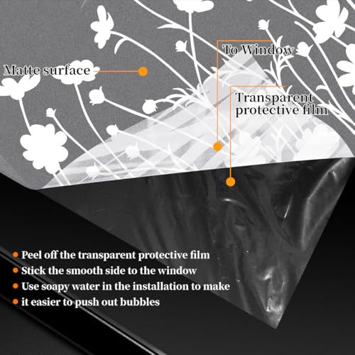 Bloss Window Privacy Film Pure White Flowers Pattern Glass Window Film,Sun Blocking Window Film,Day and Night Privacy Heat Blocking Non-Adhesive Window Tint for Home Office 23.6 x 118inches - color: Flower, size: 23.6" X 118"