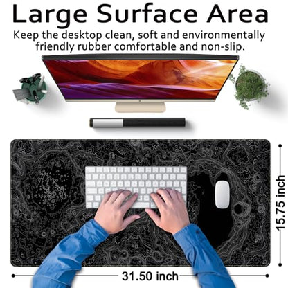 Dimensional Black Topographic Desk Mat Gaming Desk Pad Large Gaming Mouse Pad Desk Accessories Desk Mat Extended Mousepad 31.5 x 15.7 in, with Anti-Slip Stitched Edges Long Computer Keyboard Mouse Mat - color: Black-gray