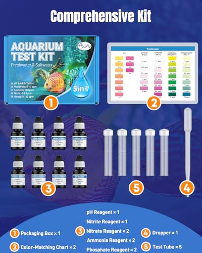 Pawfly 5 in 1 Aquarium Water Master Test Kit, Aquarium Water Test Kit Fish Tank Water Testing Kit for pH Nitrite Nitrate Ammonia & Phosphate, Aquarium Test Kit for Freshwater & Saltwater Fish Tanks - color: Blue Standard Kit Pack
