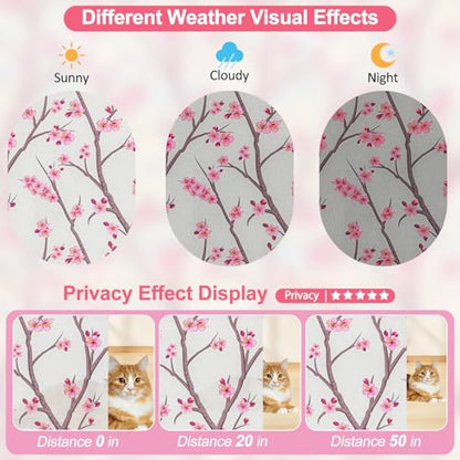 Frosted Static Cling Window Film, Stained Glass Privacy Film with Sakura Pattern, Anti-Glare UV Protection, Removable Decorative Window Clings for Home (Frosted Sakura, 17.5 x78.7 in)