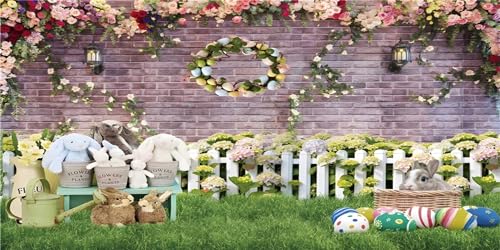 AWERT 60x24 inches Happy Easter Aquarium Background Spring Garden Flowers Fence Terrarium Background Easter Bunny Eggs Brick Wall Fish Tank Decorative Background Vinyl Background - size: 60x24in/150x60cm