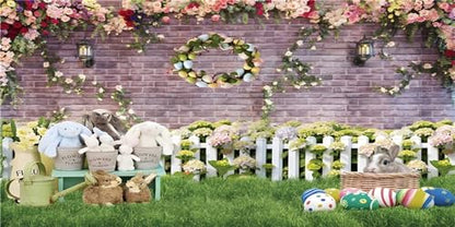 AWERT 60x24 inches Happy Easter Aquarium Background Spring Garden Flowers Fence Terrarium Background Easter Bunny Eggs Brick Wall Fish Tank Decorative Background Vinyl Background - size: 60x24in/150x60cm