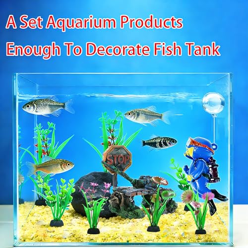 Fish Aquarium Decor Kit, Betta Hideout for Fish Tank - 6 Styles Options | Resin Sunken Tank Ornament, Betta Fish Hideout Cave, 6 Artificial Aquatic Plants, 40+ Seashells & 1 Floating Diver