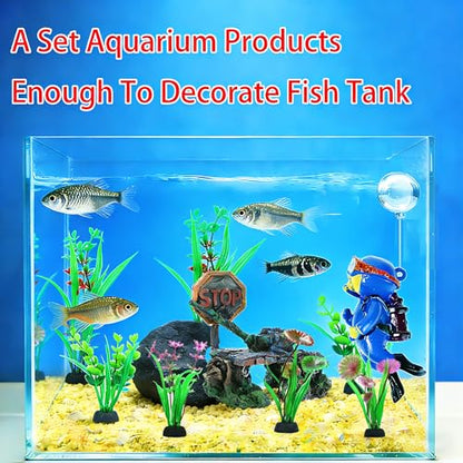 Fish Aquarium Decor Kit, Betta Hideout for Fish Tank - 6 Styles Options | Resin Sunken Tank Ornament, Betta Fish Hideout Cave, 6 Artificial Aquatic Plants, 40+ Seashells & 1 Floating Diver