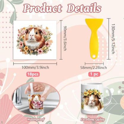 Peacoblue 18 Sheets Rub on Transfers for Crafts, Guinea Pig 3.6"x3.9" UV DTF Cup Wraps Waterproof Rub on Cold Transfers Stickers for Wood Glass Metal Cup Tumblers Mirrors Mugs Home Decor - style: Guinea Pig