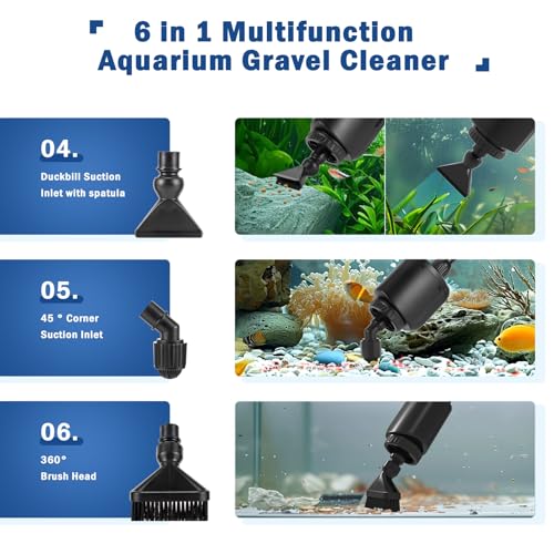 AQQA Electric Aquarium Vacuum Gravel Cleaner, 6 in 1 Automatic Fish Tank Vacuum Cleaning Tools Kit Water Changer, Multifunction Wash Sand Filter Water Circulation 20W 320GPH 110V