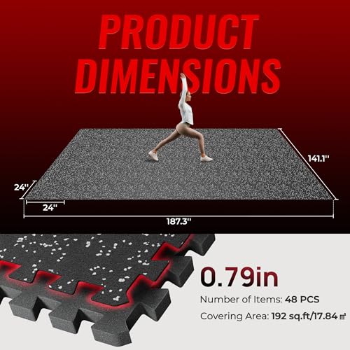 SUPERJARE 0.79'' Extra-Thick Exercise Equipment Mats, 48 Pcs 192 Sq Ft Rubber Top Floor Tiles with High Density EVA Foam, Interlocking Gym Flooring for Home Gym, Workout Mat, Black/Grey - size: 48 Tiles (192 Sq Ft)