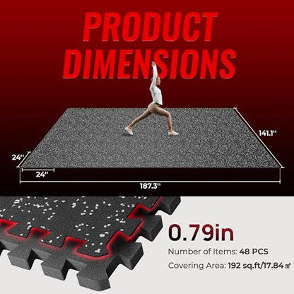 SUPERJARE 0.79'' Extra-Thick Exercise Equipment Mats, 48 Pcs 192 Sq Ft Rubber Top Floor Tiles with High Density EVA Foam, Interlocking Gym Flooring for Home Gym, Workout Mat, Black/Grey - size: 48 Tiles (192 Sq Ft)