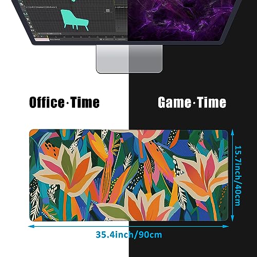 Colorful Tropical Floral Large Gaming Mouse Pad,Waterproof Desk Mat for Desktop,Non-Slip Rubber Base Mousepad with Stitched Edges for Laptop Office and Home 35.4X15.7 Inch