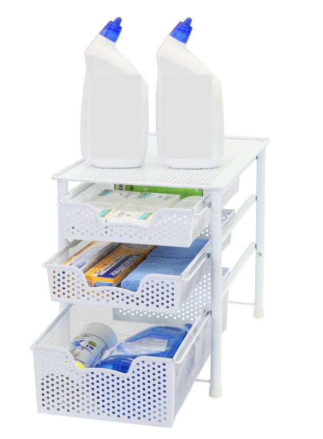 Simple Houseware 3 Tier White Alloy Steel Sliding Basket Organizer Drawer Cabinet