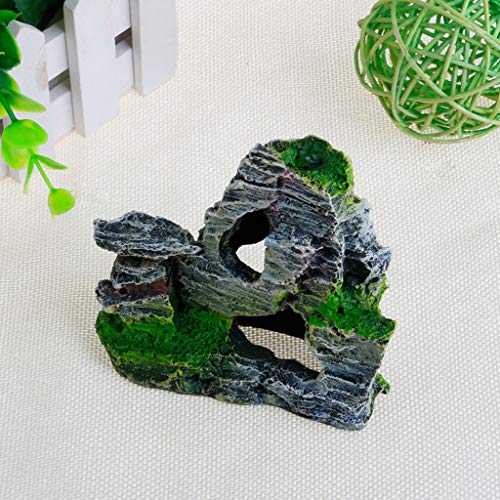 Aquarium Rock Cave, Large Resin Cave Decoration for Fish Tank, Mountain View Artificial Rock with Moss and Trees for Betta Cichlid Fish Shrimp to Hide Rest Breed, Decor