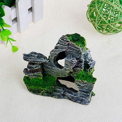 Aquarium Rock Cave, Large Resin Cave Decoration for Fish Tank, Mountain View Artificial Rock with Moss and Trees for Betta Cichlid Fish Shrimp to Hide Rest Breed, Decor