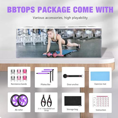 BBTOPS Pilates Bar Kit with Resistance Bands,Ab Roller,2 in 1 Foot Strap & Handle,Door Anchor Pilates Equipment with Resistance Bands, Portable Home Gym Yoga Fitness Bar for Women & Men